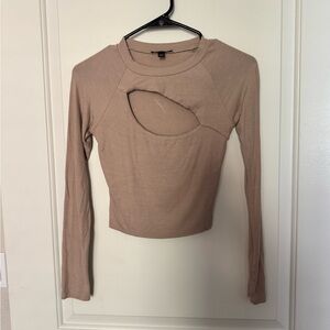 Fashion Nova Tan Long Sleeve Crop Top with Cut Out